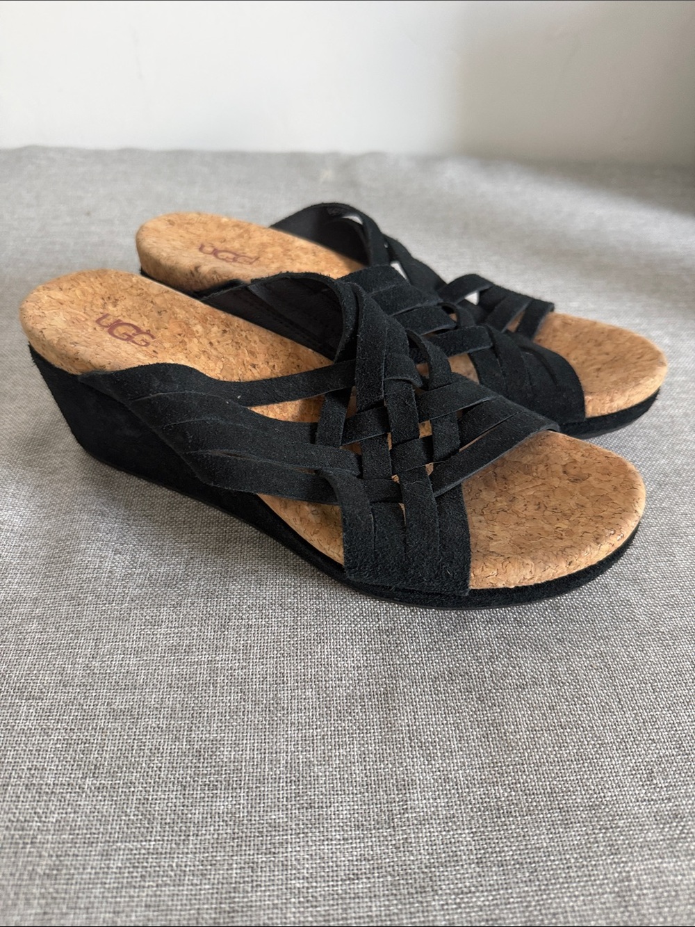 UGG Black Woven Suede Cork Wedge Sandals
